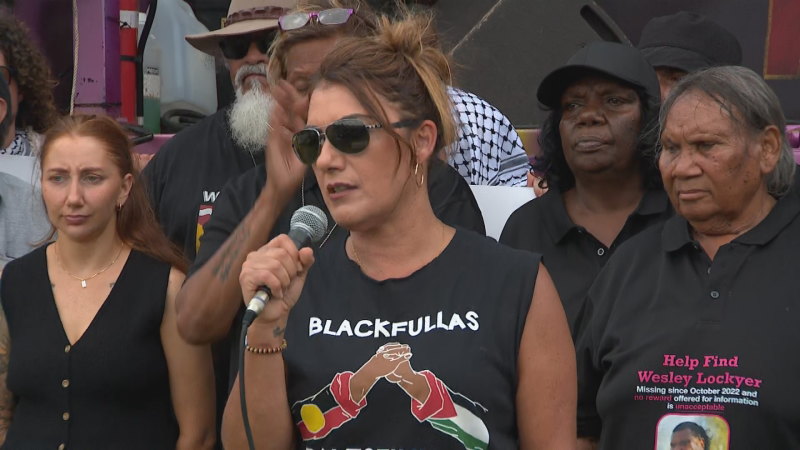 Suspended senator Lidia Thorpe speaks in front of Parliament House