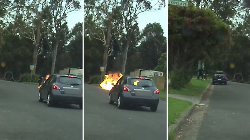 Dashcam footage shows men fleeing car fire after suspected gangland shooting