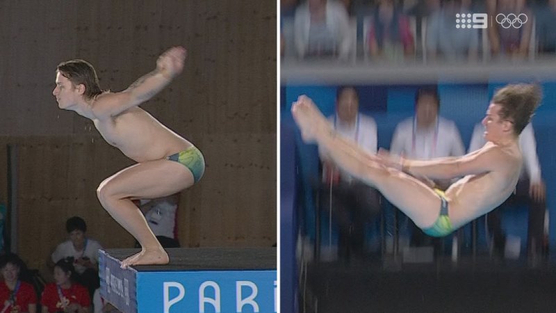 Australia’s Cassiel Rousseau performs opening dive in men’s platform diving final