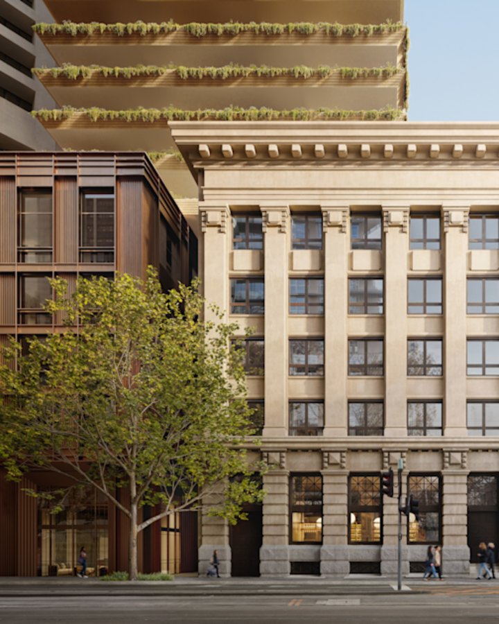Two buildings, one tower: The former State Savings Bank of Victoria on the left will be refurbished as office accommodation, and Batman’s Hill Hotel building, right will house retail space under the tower.