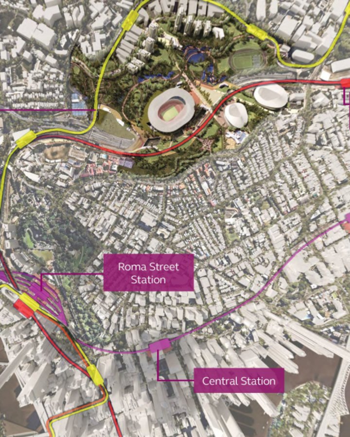 How it could look: Arcadis’ proposal for a new 60,000-seat stadium, a new 18,000-seat aquatic centre and a new 12,000-seat arena at Brisbane’s Victoria Park. 