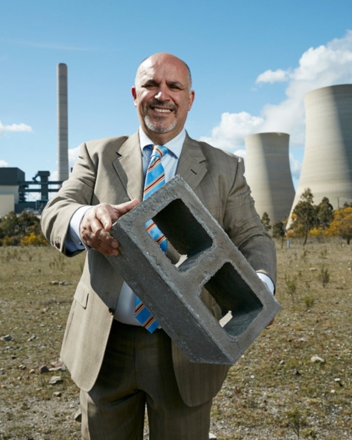 Maroun Rahme at Mount Piper power station with a non-cement building block made by Nu-Rock.