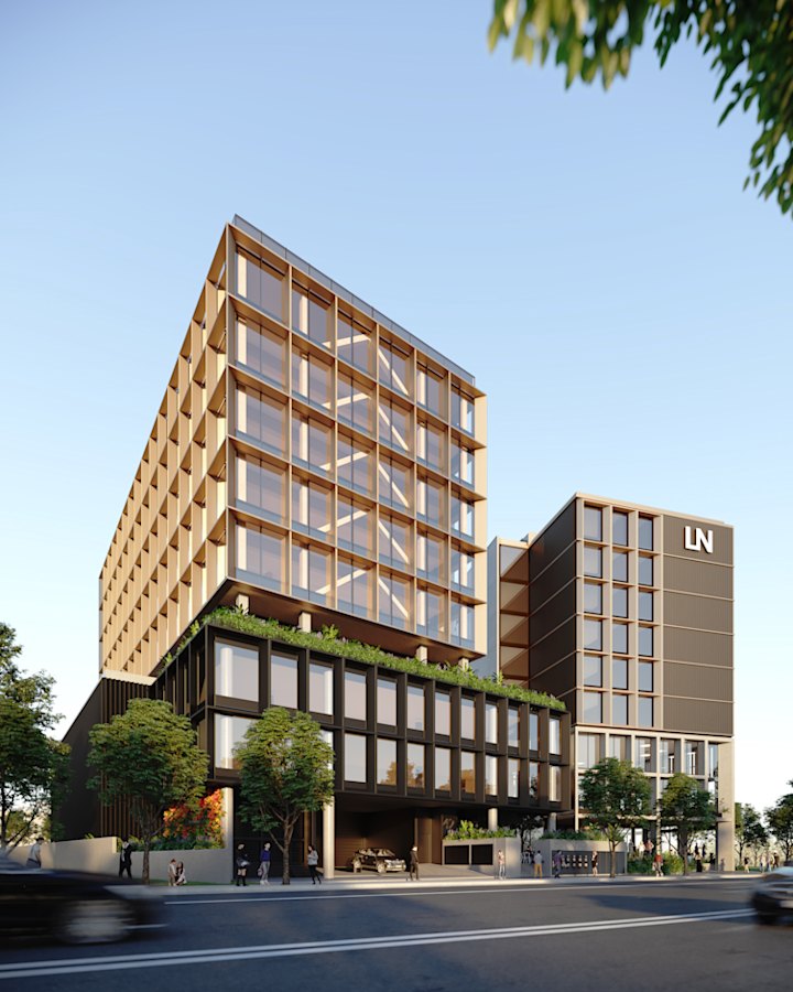 Render of the 42 Honeysuckle Drive timber mixed-use commercial building Built is constructing for developer Doma in Newcastle.