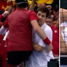 Zizou Bergs of Belgium knocks over Cristian Garin of Chile in a strange moment during the Davis Cup.