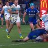 Parramatta's Dean Hawkins pounces on a ricochet off the woodwork and dives over to score.