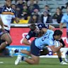 Joseph-Aukuso Suaalii busts through the Brumbies defence to score a try for the Waratahs in Canberra.