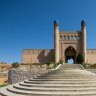 Modern reconstruction of gate of citadel of Mugh Tappa, Istaravshan, Tajikistan.

