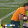 Wallabies fullback Tom Banks is forced from the field after a nasty fall