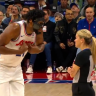 Joel Embiid is ejected from the court in the first half of the 76ers clash against Spurs.