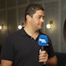 Wallabies coach Joe Schmidt speaks with Stan Sport’s Morgan Turinui in Melbourne