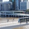 A Metro articulated vehicle is tested in inner Brisbane, on the South East Busway and seen crossing Victoria Bridge.