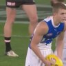 Jimmy Webster missed a kick out of St Kilda's defensive 50, which gave North Melbourne a goal. Jy Simpkin was quick to give it right bak to him.