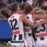 Collingwood's Lachie Sullivan kicked this memorable goal as he made his AFL debut at age 26 tonight.