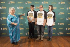 Miriam Margolyes with the cast of Harry Potter-inspired play Puffs: Keith Brockett, Ryan Hawkes and Eva Seymour.