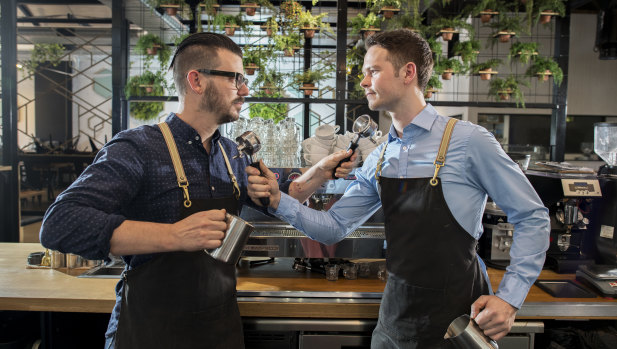 Latte-day saints … Craig Simon
(left) and Anthony Douglas are in the mix to be crowned Australia’s
coffee-making champ.