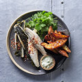 Japanese-style one-tray fish and chips with wasabi tartare.