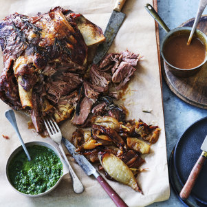 Adam Liaw’s roast lamb shoulder with mint sauce, onions and gravy.