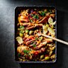 Sticky pomegranate and cous cous chicken tray bake.