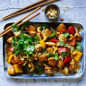 Stir-fry recipe with chicken, cashew nuts, and peppers.