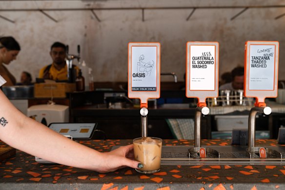 Iced coffee on tap at Single O’s Surry Hills cafe.
