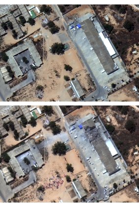 Satellite images show before (top) and after an airstrike hit a migrant detention facility in Tripoli, Libya. 