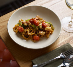 Mafalde pasta with prawns and bok choy. 
