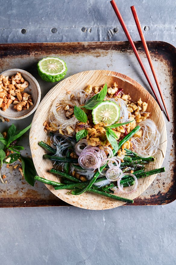 Crumbled tofu’s craggy edges soak up seasonings.