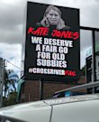 A sign outside the CFMEU headquarters at Bowen Hills depicting Cross River Rail Minister Kate Jones.