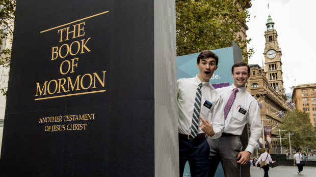 They believe: Elder Bush and Elder Tobler are among the missionaries who will be on hand to answer questions in Martin Place alongside the giant Book of Mormon.