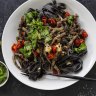 Neil Perry’s squid-ink noodles with squid, smoked bacon and chilli