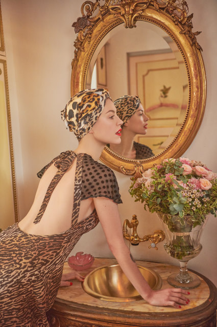 Rixo “Angelina” dress, $577, from 
Net-a-Porter. Silk turban, stylist’s own (worn throughout).
