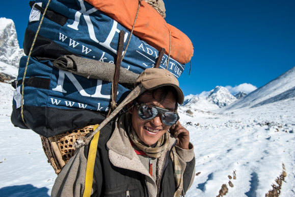 A Sherpa near hauling gear to Everest Base Camp. 
