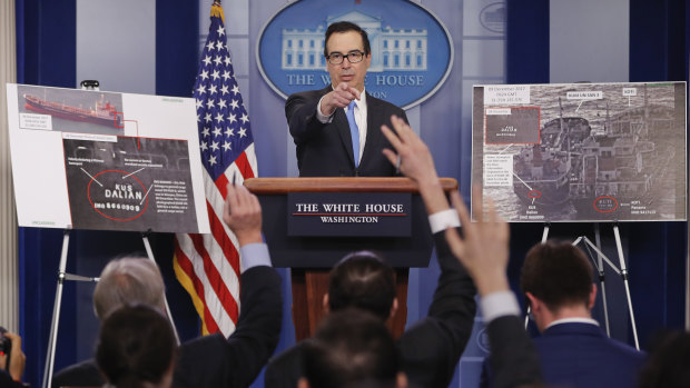Treasury Secretary Steve Mnuchin during a press briefing at the White House on Friday, announcing new sanctions on more than 50 vessels, shipping companies and trade businesses in its latest bid to pressure North Korea over its nuclear program.