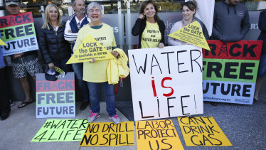 Environmental activists protest against fracking outside the WA Labor State Conference in Perth in 2017.
