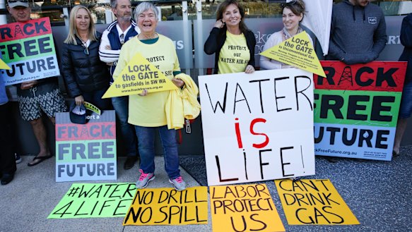 Environmental activists protest against fracking outside the WA Labor State Conference in Perth in 2017.