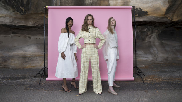 Models wearing designs by Fashion Week Australia designers (from left) Lee Mathews, Bianca Spender and Akira.