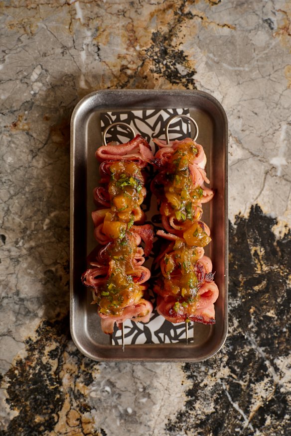 Mortadella skewers with pickled pumpkin at Daphne.