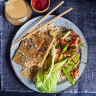 Satay tempeh rice bowls with crunchy kimchi cucumbers. 