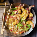 15-minute Singapore-style noodles with crispy prawns. 