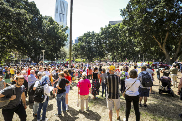 People gather at Hyde Park in Sydney for refugees.
