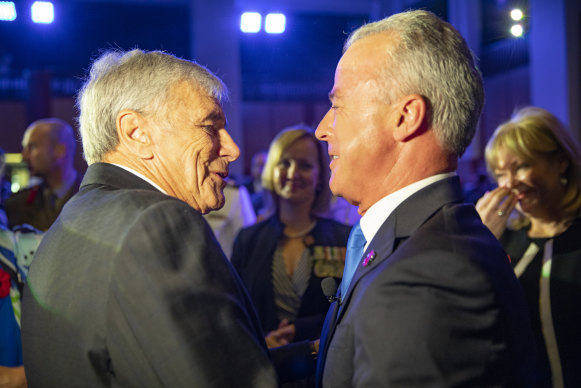 Kerry Stokes and Brendan Nelson greet each other at the redevelopment launch.