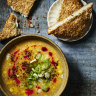 Sweet corn soup with chicken and sesame toast. 
