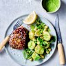 Indian mint and chilli steaks with potato, pea and chickpea salad.