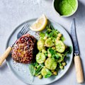 Indian mint and chilli steaks with potato, pea and chickpea salad.
