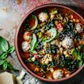 Minestrone pasta soup with pork and ricotta meatballs.