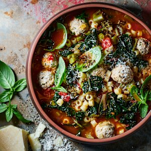Minestrone pasta soup with pork and ricotta meatballs.