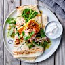 Paneer skewers with coconut-tomato sambal and toasted roti.