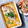 Yellow curry fish with fragrant lemongrass and coconut rice salad.