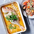 Yellow curry fish with fragrant lemongrass and coconut rice salad.