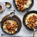 Rice pudding with apple compote and brown butter.